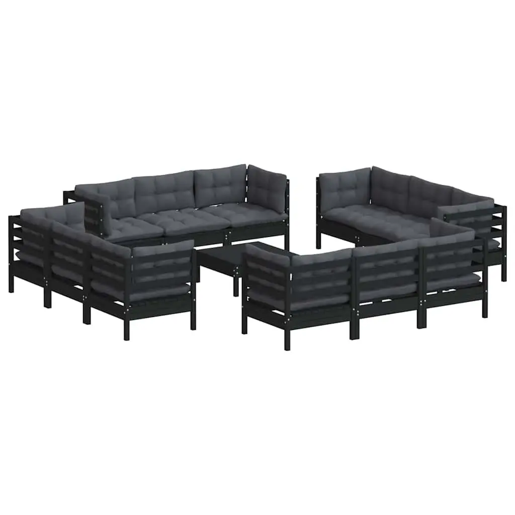 Garden Lounge Set 13 Piece Outdoor Patio Furniture Pinewood Cushions Black