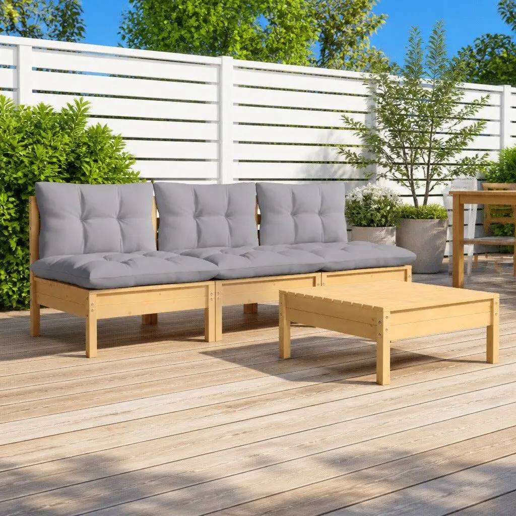 Garden Lounge Set 4 Piece Outdoor Patio Furniture Grey Cushions Pinewood