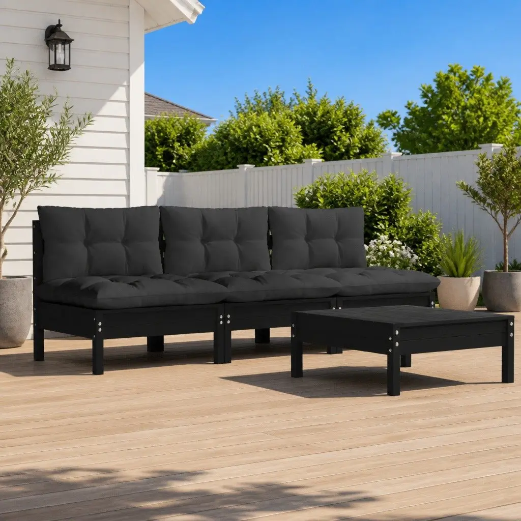Garden Lounge Set 4 Piece Pinewood Outdoor Furniture with Cushions Black
