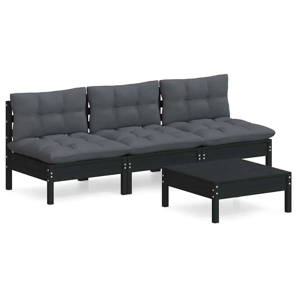 Garden Lounge Set 4 Piece Pinewood Outdoor Furniture with Cushions Black