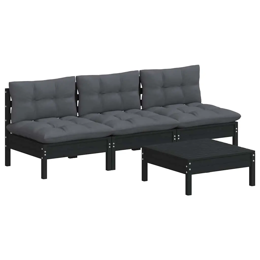 Garden Lounge Set 4 Piece Pinewood Outdoor Furniture with Cushions Black