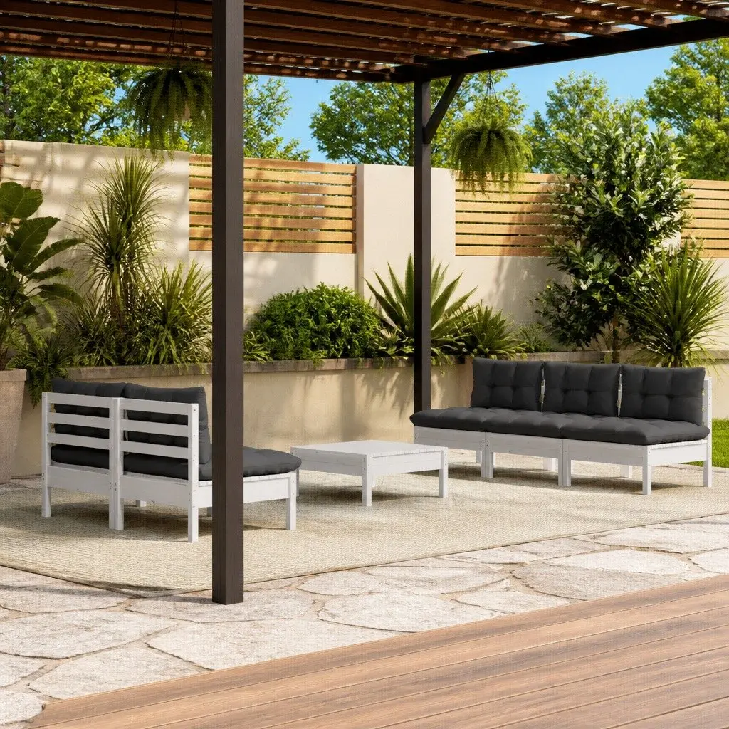 Garden Lounge Set Modular Outdoor Patio Furniture 6 Piece Pinewood with Cushions White