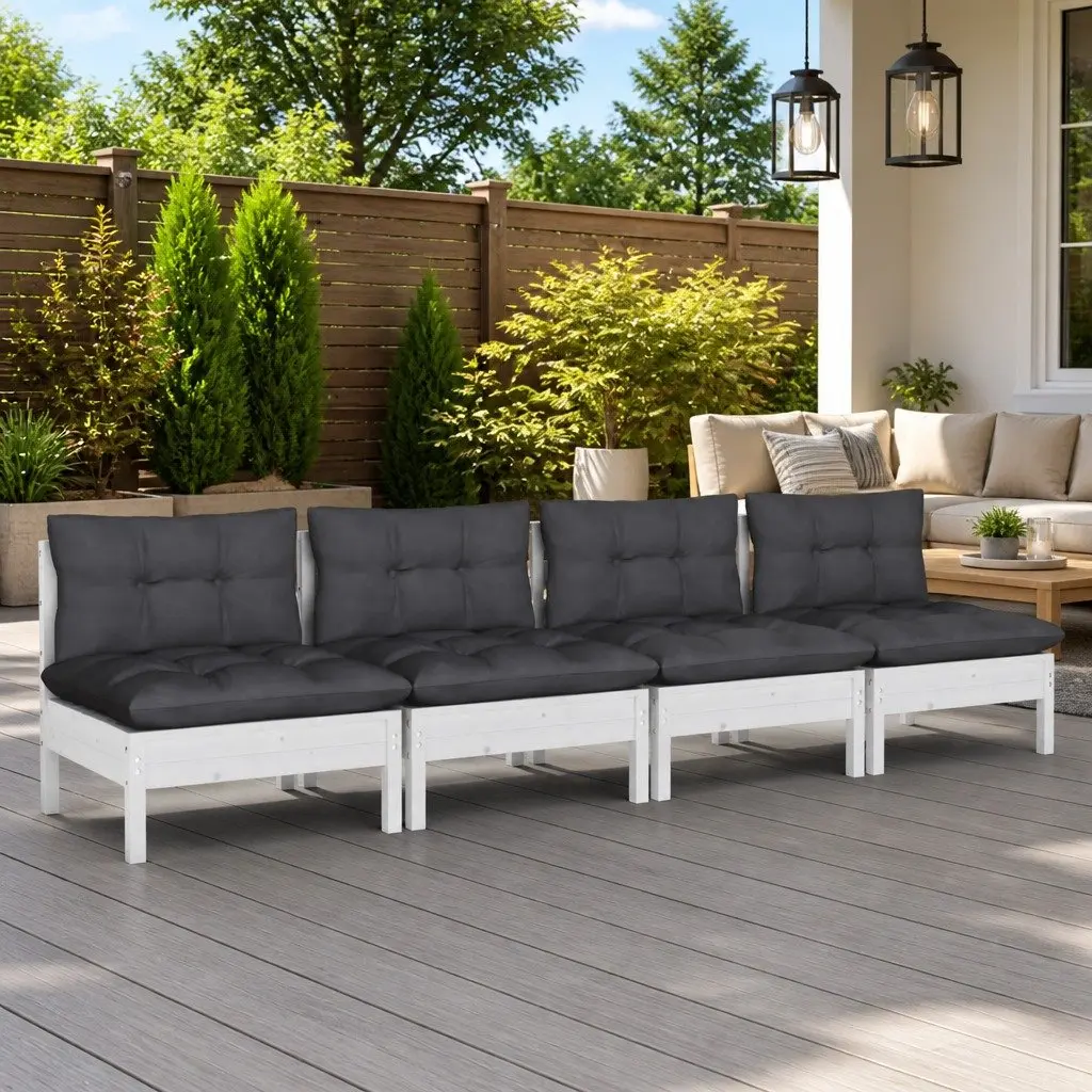 4-Seater Garden Sofa Outdoor Lounge Pinewood Modular Seating White with Cushions