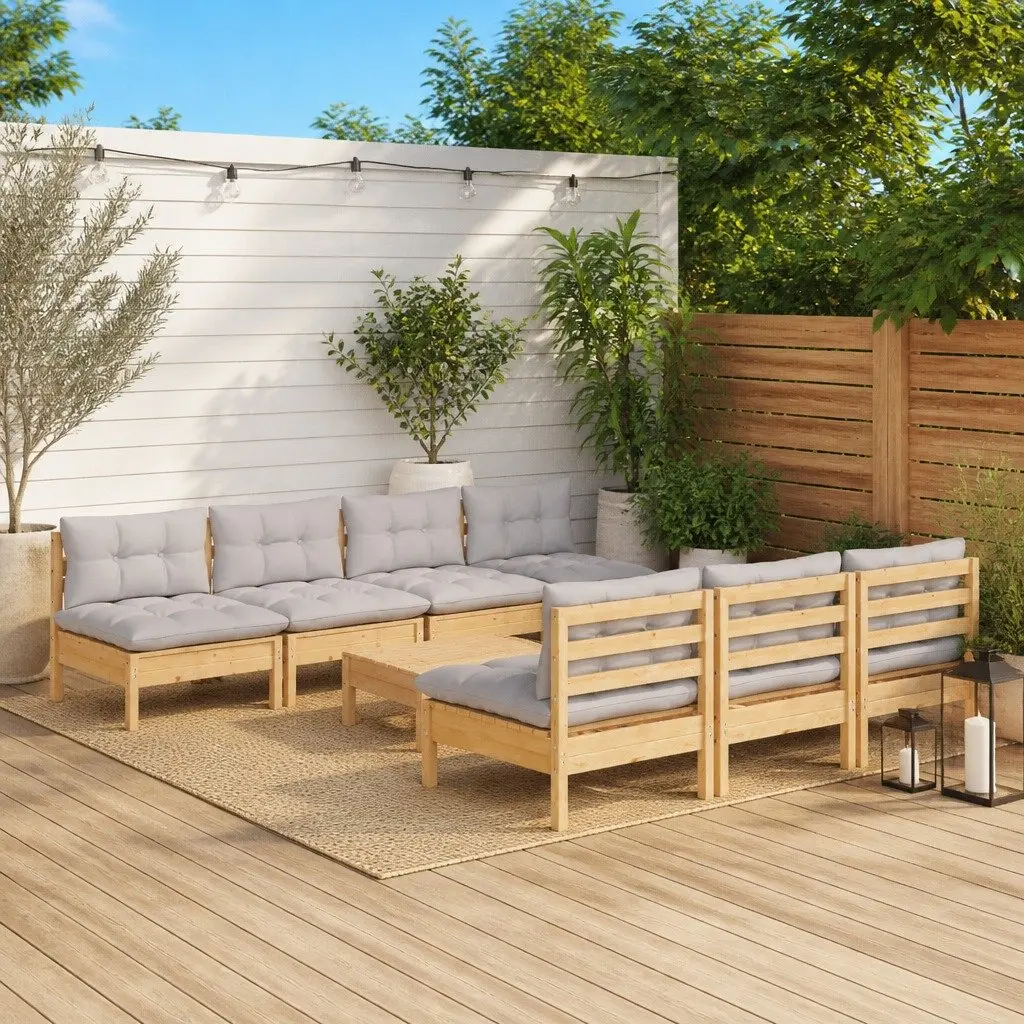 Garden Lounge Set 8 Piece Outdoor Patio Furniture Grey Cushions Pinewood