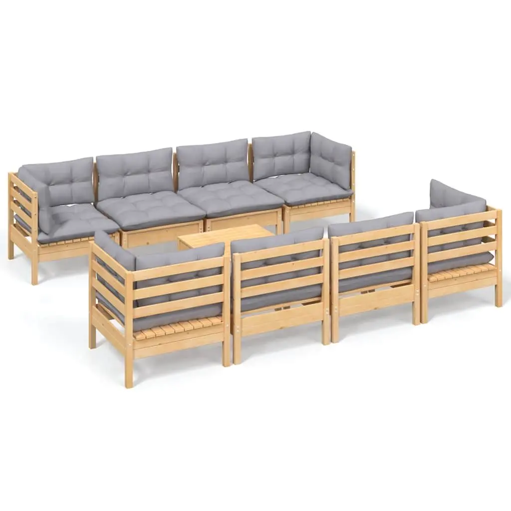 9 Piece Garden Lounge Set Outdoor Patio Furniture Solid Pinewood Grey Cushions
