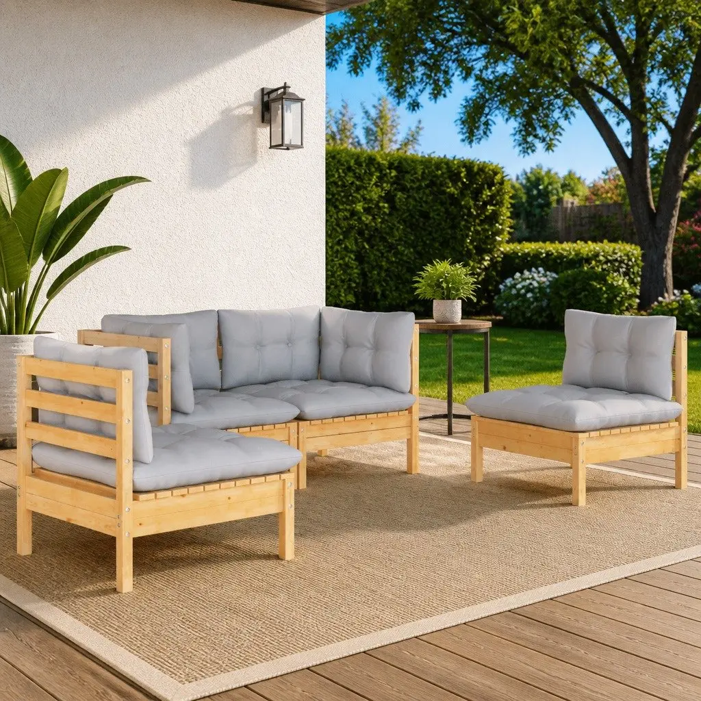 4 Piece Garden Lounge Set Grey Cushions Solid Pinewood Outdoor Patio Furniture