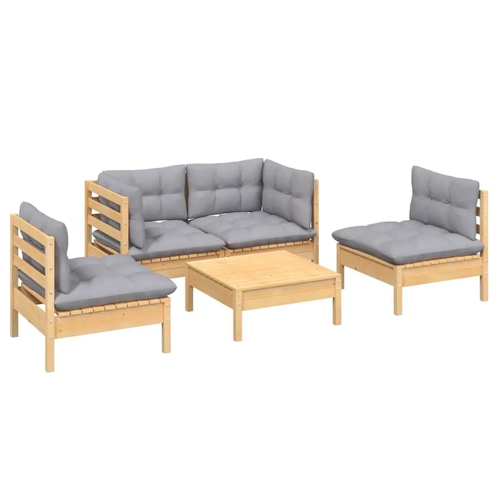 Garden Lounge Set 5 Piece Outdoor Patio Furniture Grey Cushions Pinewood