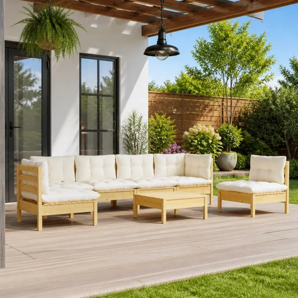 Garden Lounge Set 7 Piece Patio Furniture Solid Pinewood Cream Cushions