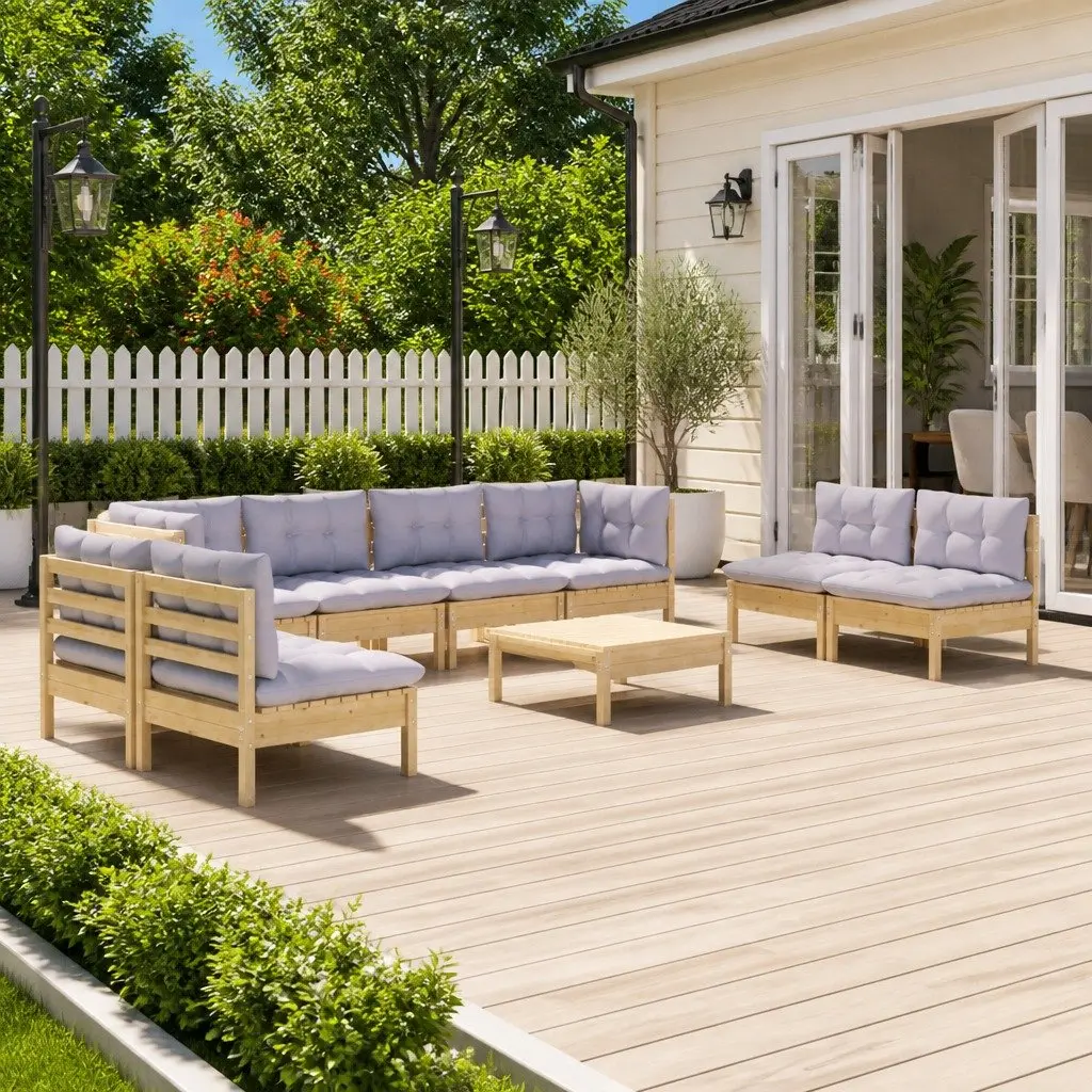 Outdoor Patio Furniture 9 Piece Lounge Set Modular Pinewood with Grey Cushions