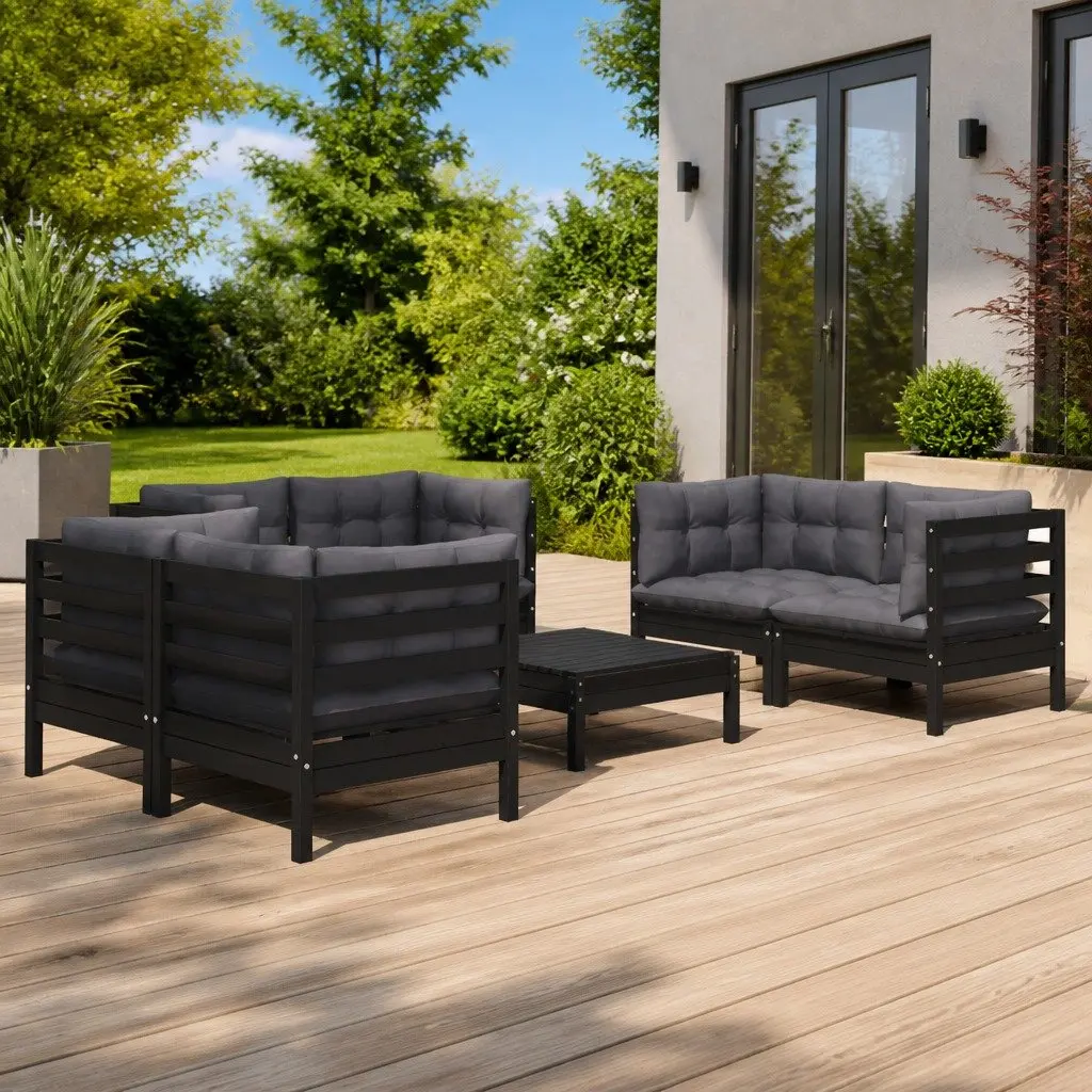7 Piece Garden Lounge Set Cushions Solid Pinewood Outdoor Patio Furniture Black