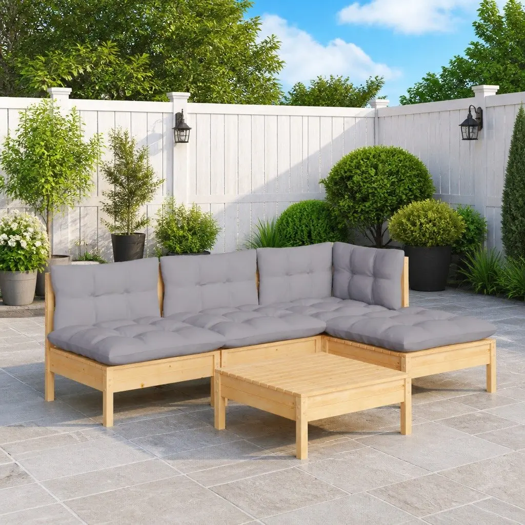 5 Piece Garden Lounge Set Pinewood Outdoor Patio Furniture Grey Cushions