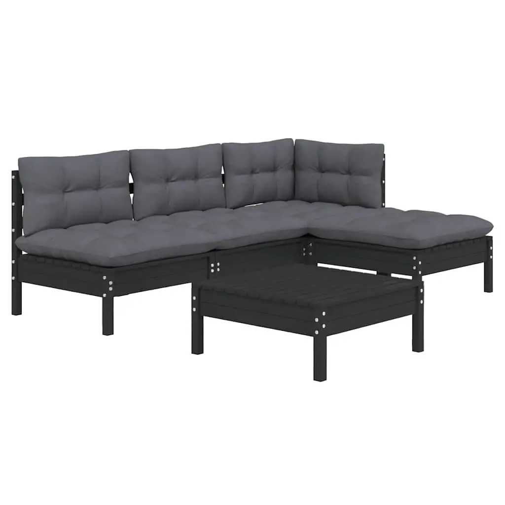 Garden Lounge Set 5 Piece Outdoor Furniture Black Pinewood Patio Seating