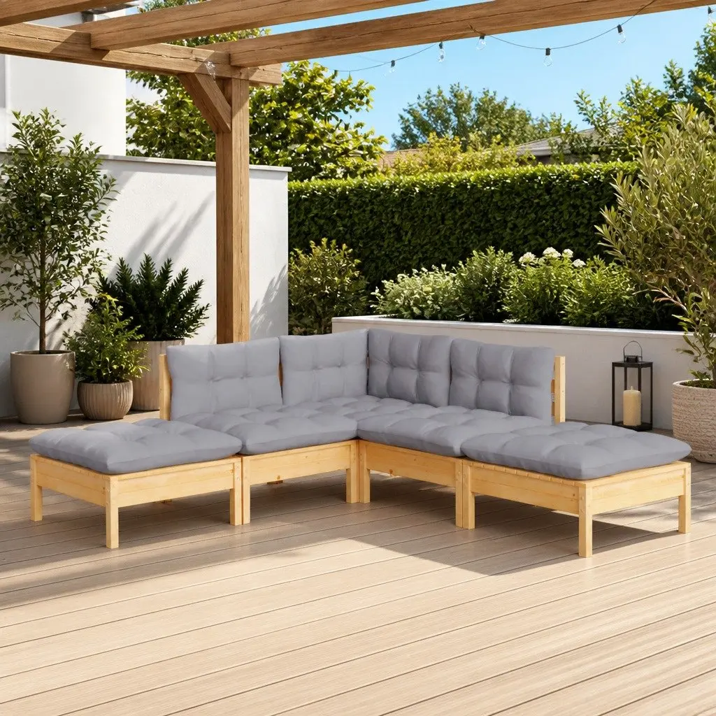 Garden Lounge Set 5 Piece Outdoor Patio Furniture Grey Cushions Pinewood