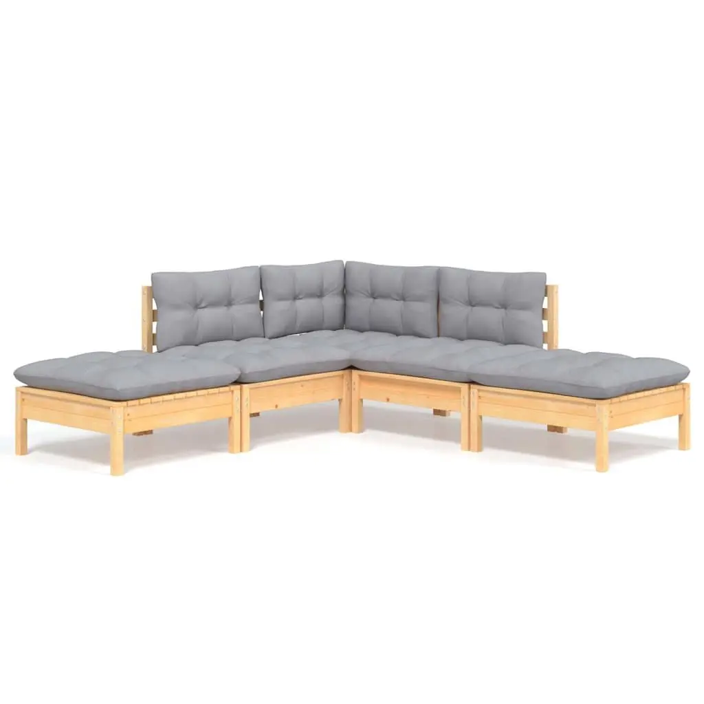 Garden Lounge Set 5 Piece Outdoor Patio Furniture Grey Cushions Pinewood