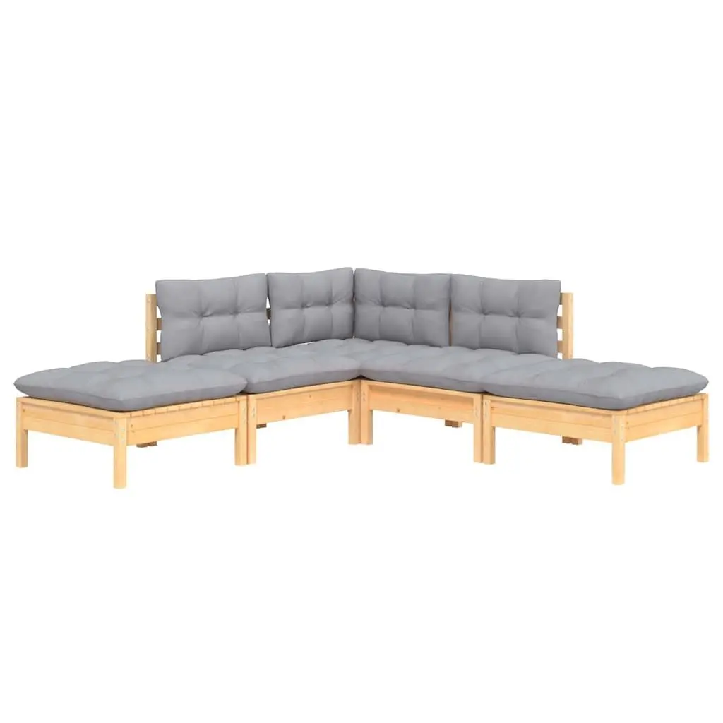 Garden Lounge Set 5 Piece Outdoor Patio Furniture Grey Cushions Pinewood