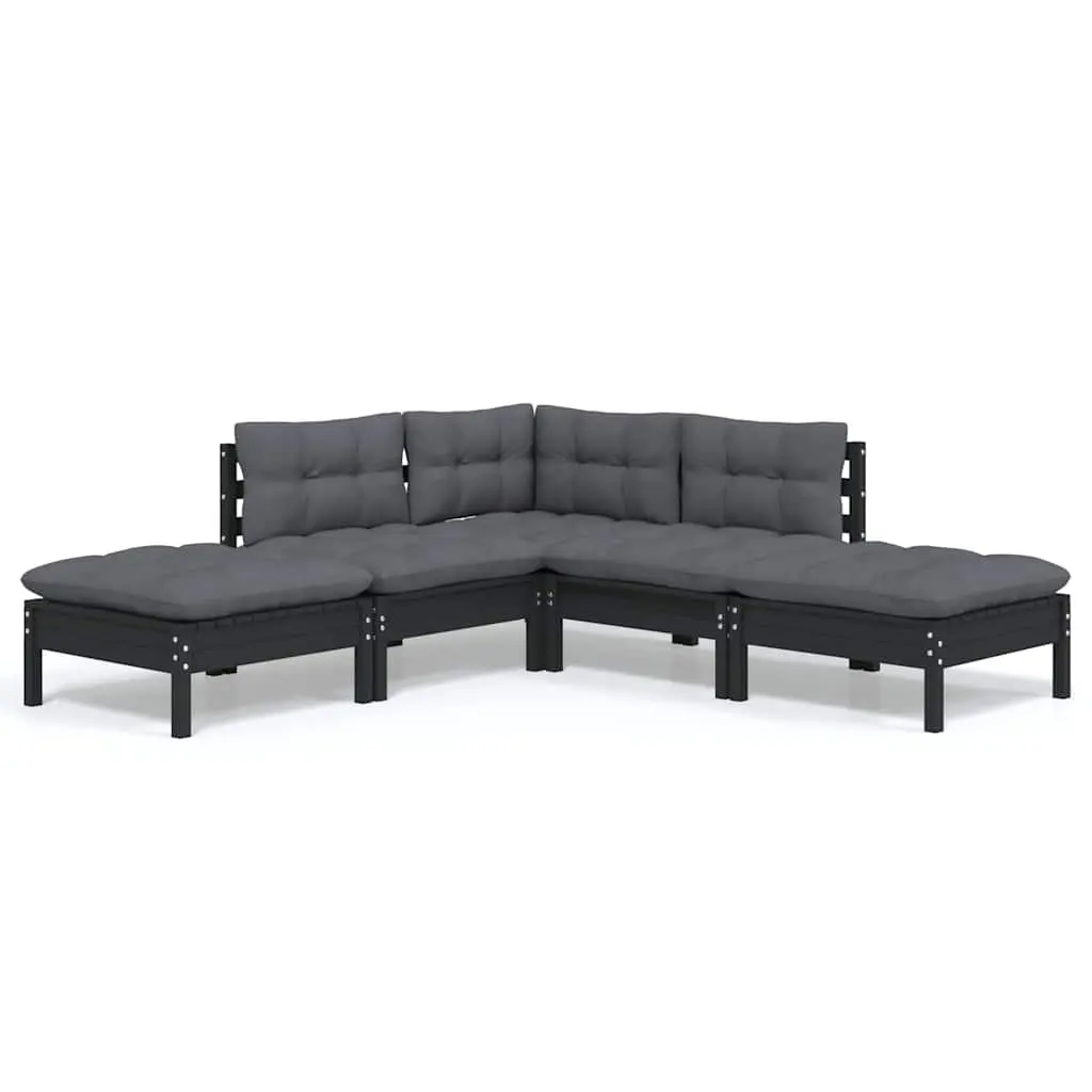 Garden Lounge Set 5 Piece Outdoor Furniture Black Pinewood with Cushions Patio
