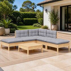 Reliable 6-Piece Wooden Lounge Set with Grey Cushions