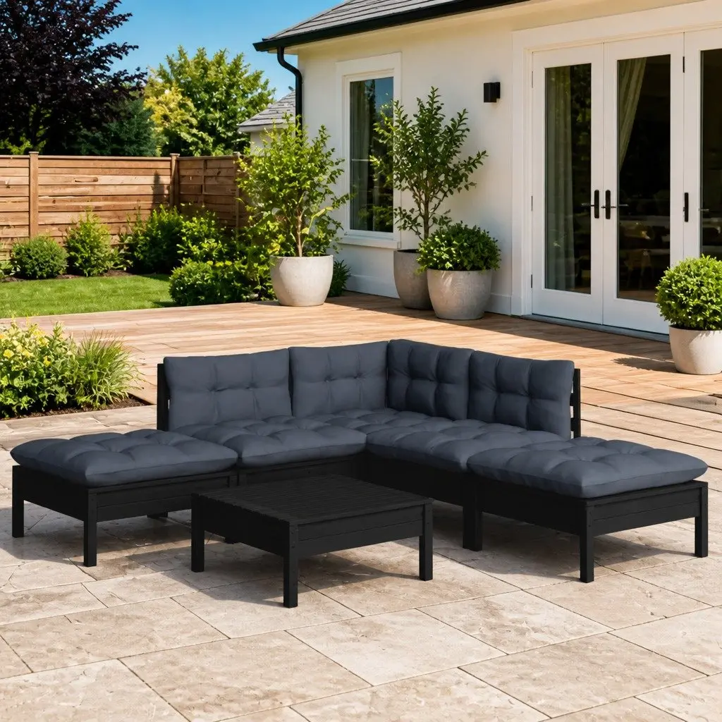 Garden Lounge Set 6 Piece Outdoor Furniture Black Pinewood with Cushions