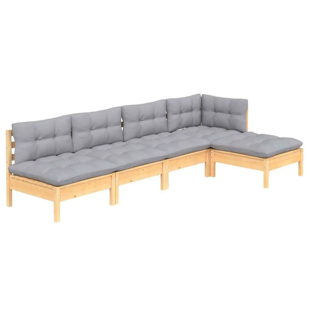 Garden Lounge Set 5 Piece Outdoor Patio Furniture Grey Cushions Pinewood