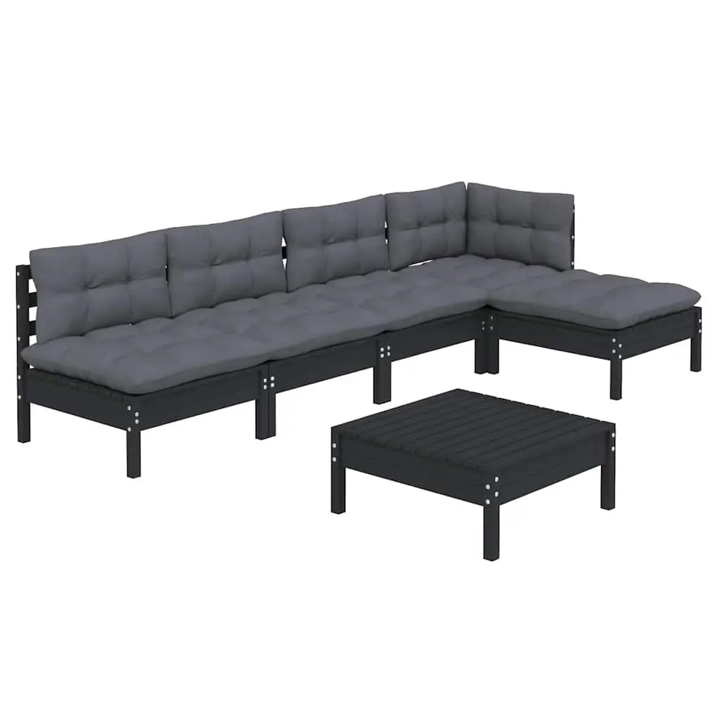 Garden Lounge Set 6 Piece Outdoor Furniture Black Pinewood with Cushions
