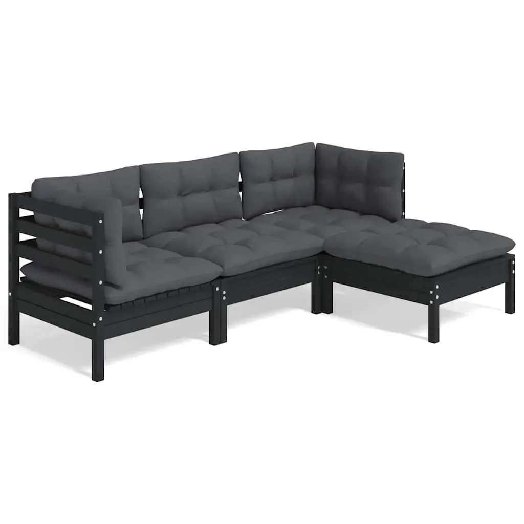 4 Piece Garden Lounge Set Black Pinewood Outdoor Furniture with Cushions Patio