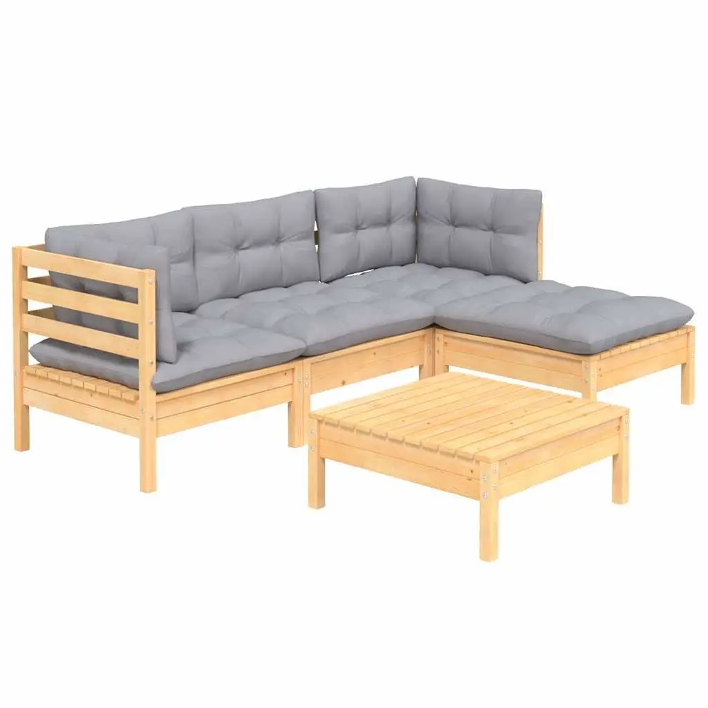 Garden Lounge Set 5 Piece Outdoor Patio Furniture Grey Cushions Pinewood
