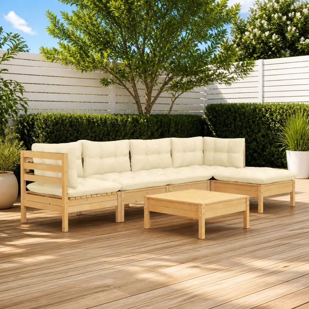 Garden Lounge Set 6 Piece Outdoor Furniture Wooden Patio Cream Cushions