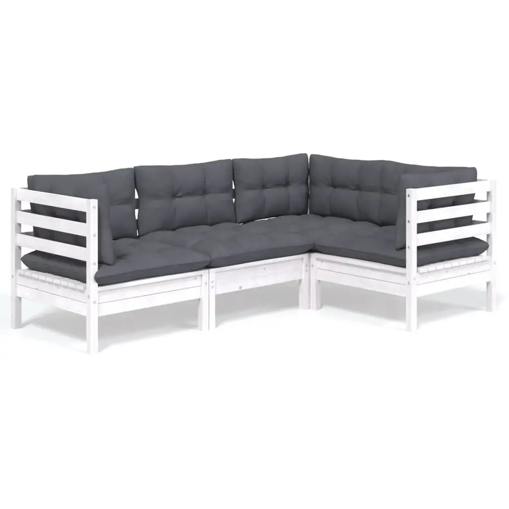 Garden Lounge Set 4 Piece White Pinewood Outdoor Furniture with Cushions