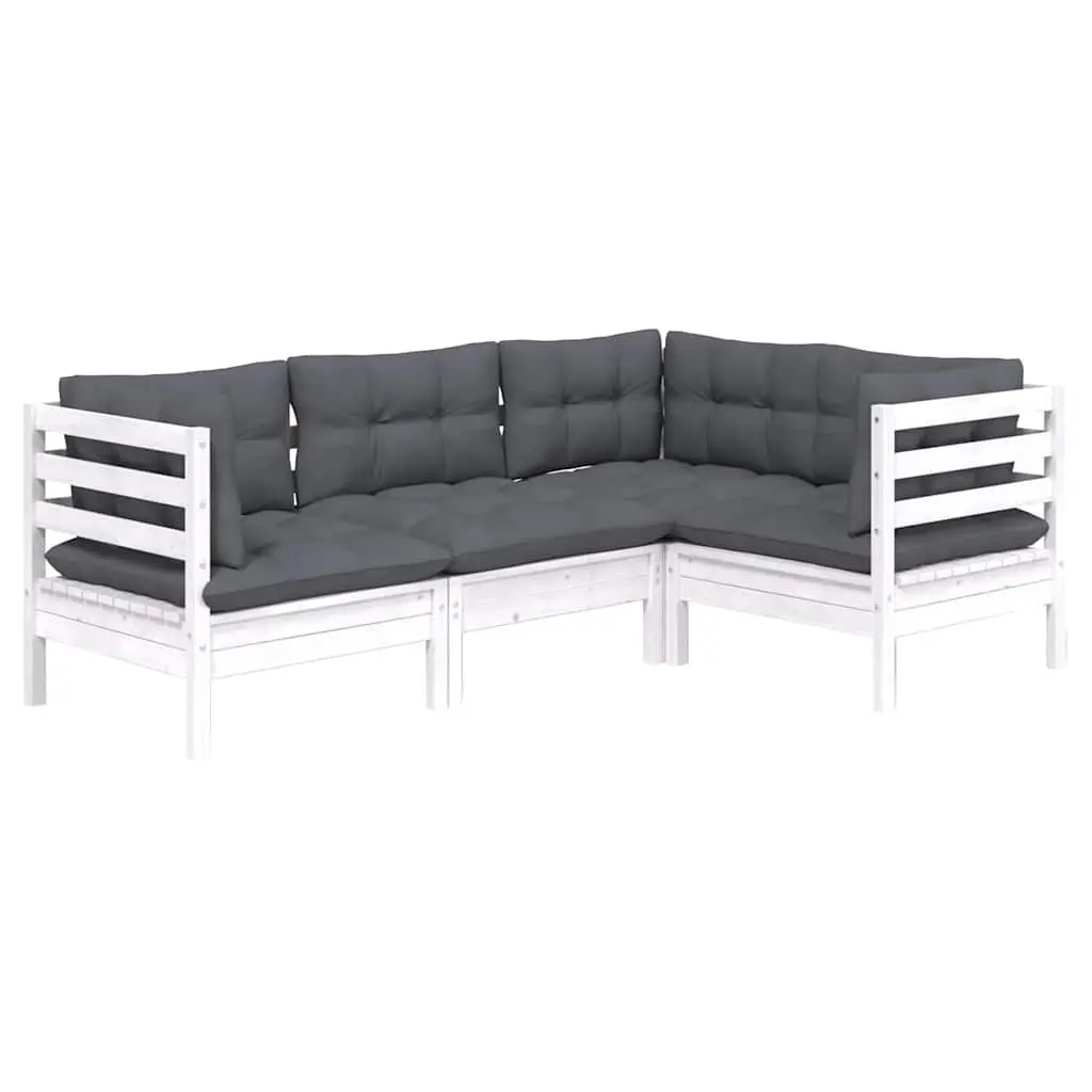 Garden Lounge Set 4 Piece White Pinewood Outdoor Furniture with Cushions