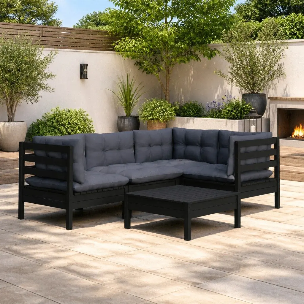 Garden Lounge Set 5 Piece Outdoor Patio Furniture Black Pinewood with Cushions