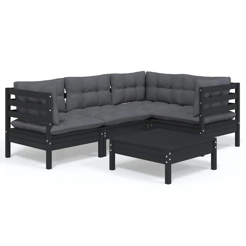 Garden Lounge Set 5 Piece Outdoor Patio Furniture Black Pinewood with Cushions
