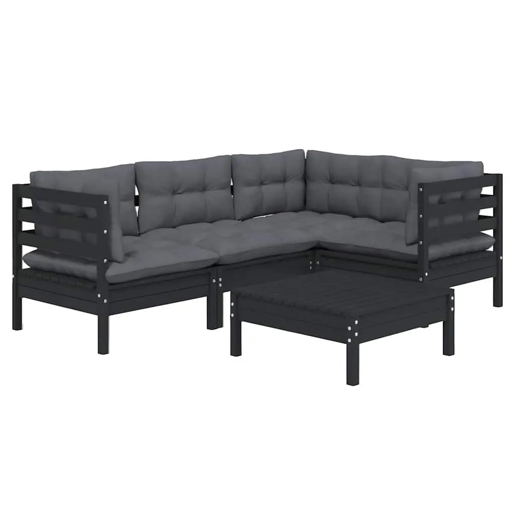Garden Lounge Set 5 Piece Outdoor Patio Furniture Black Pinewood with Cushions