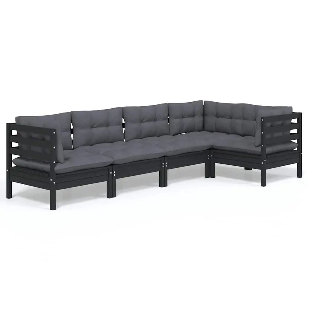 Garden Lounge Set 5 Piece Outdoor Furniture Black Pinewood with Cushions