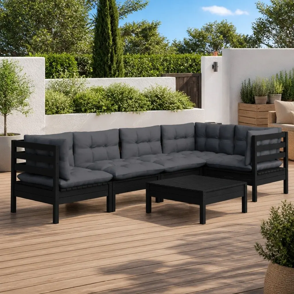 6 Piece Garden Lounge Set Cushions Black Pinewood