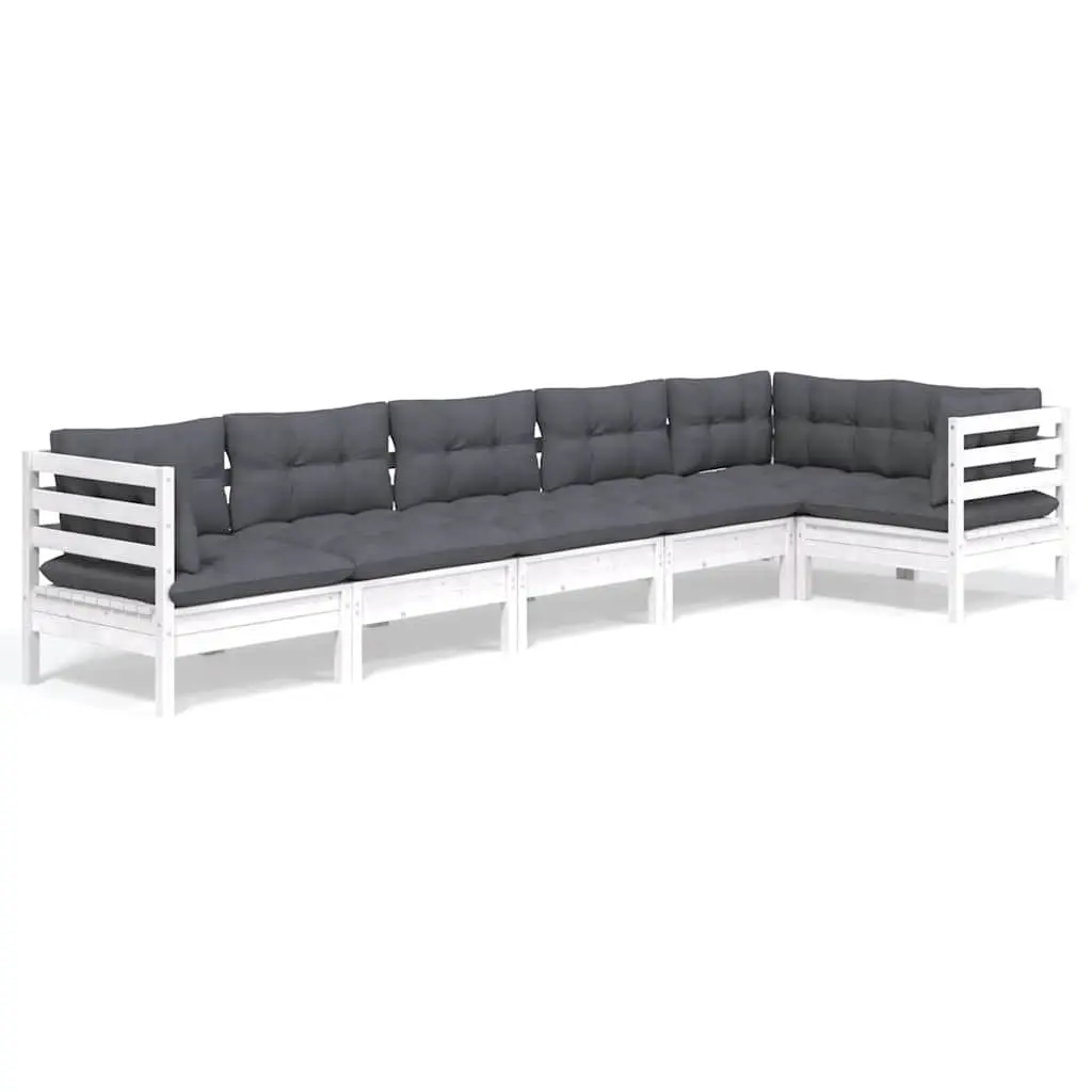 Wooden Garden Lounge Set 6 Piece Outdoor Patio Furniture White Cushions Modular