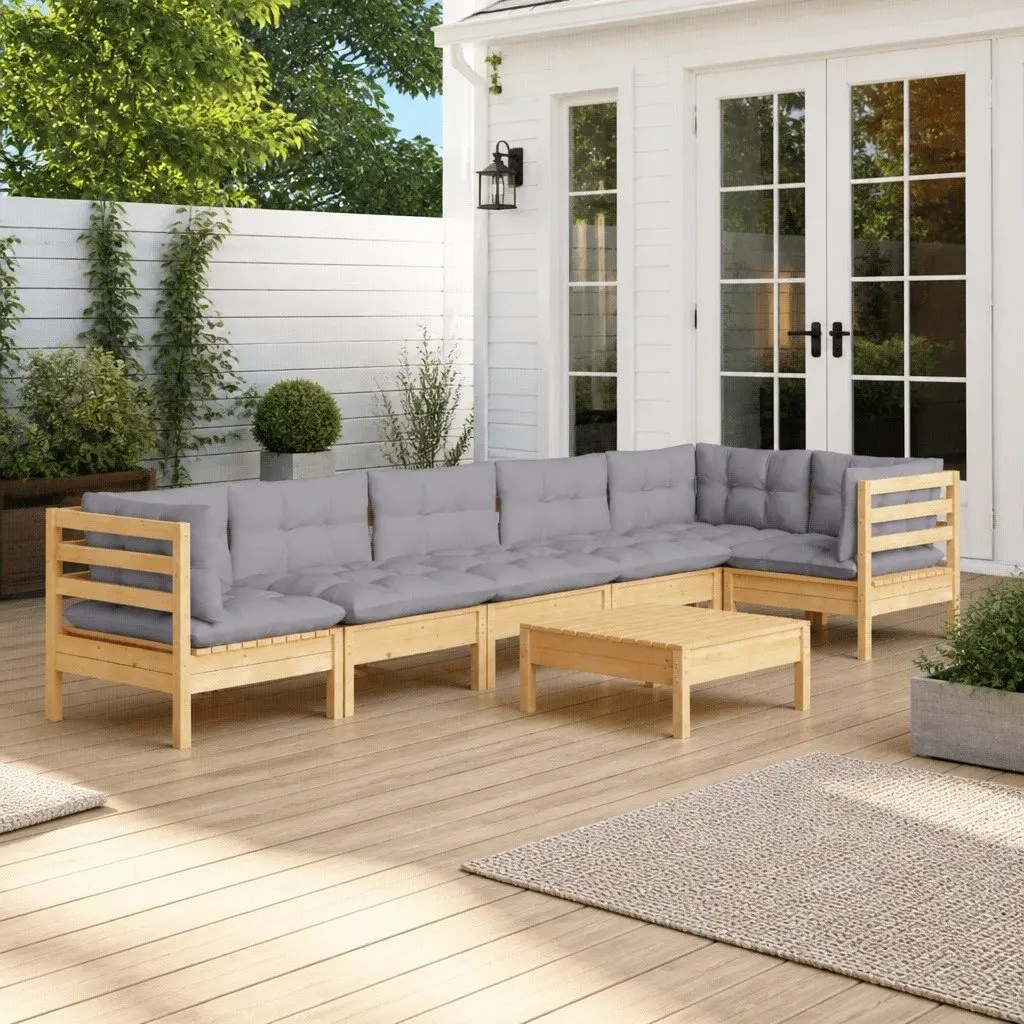 Garden Lounge Set 7 Pieces Outdoor Patio Furniture Grey Cushions Pinewood