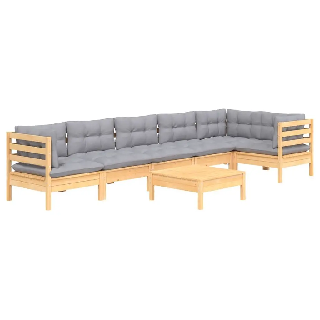 Garden Lounge Set 7 Pieces Outdoor Patio Furniture Grey Cushions Pinewood