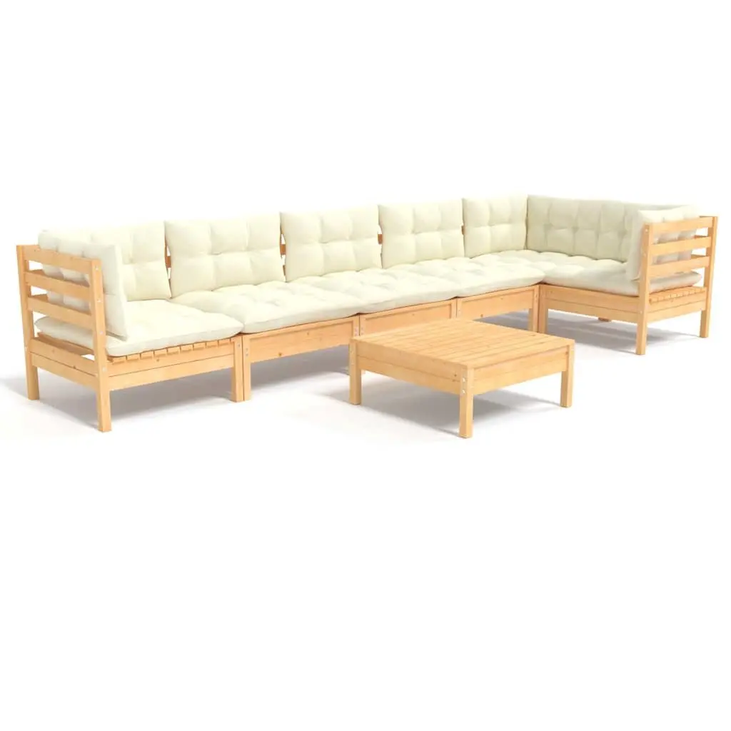 7 Piece Outdoor Garden Lounge Set Pinewood Cream Cushions