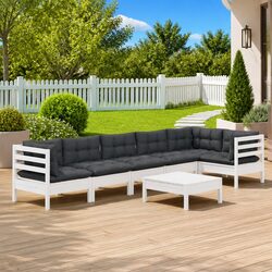 7 Piece Garden Lounge Set White Pinewood Outdoor Furniture with Cushions Patio