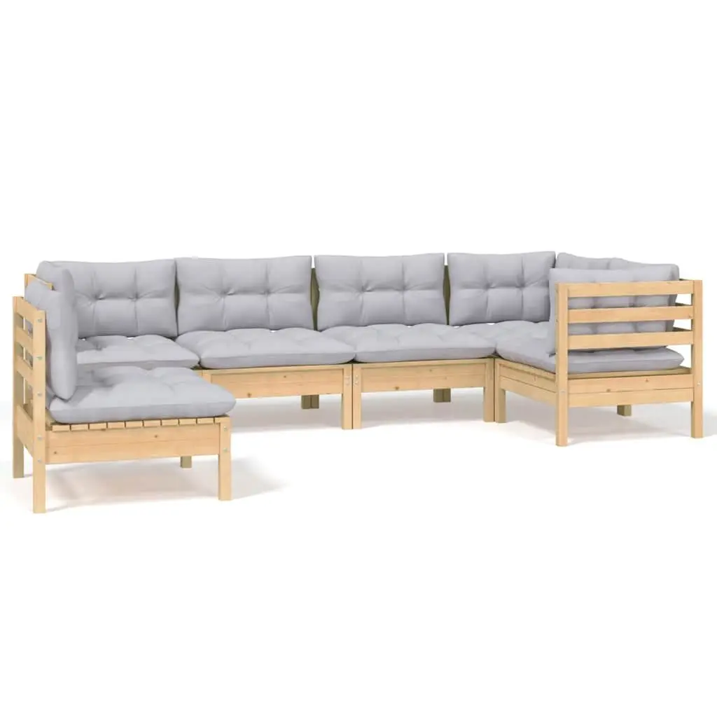 6 Piece Garden Lounge Set Pinewood Outdoor Furniture Grey Cushions