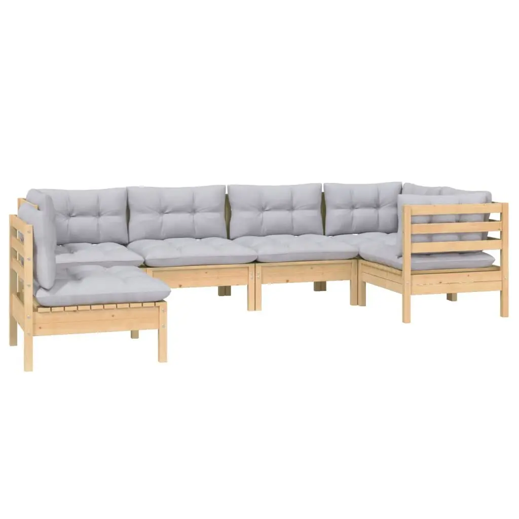 6 Piece Garden Lounge Set Pinewood Outdoor Furniture Grey Cushions