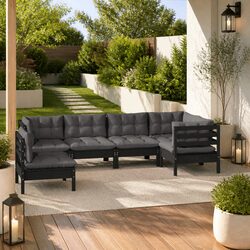 Comfortable Black Pinewood 6 Piece Garden Lounge Set