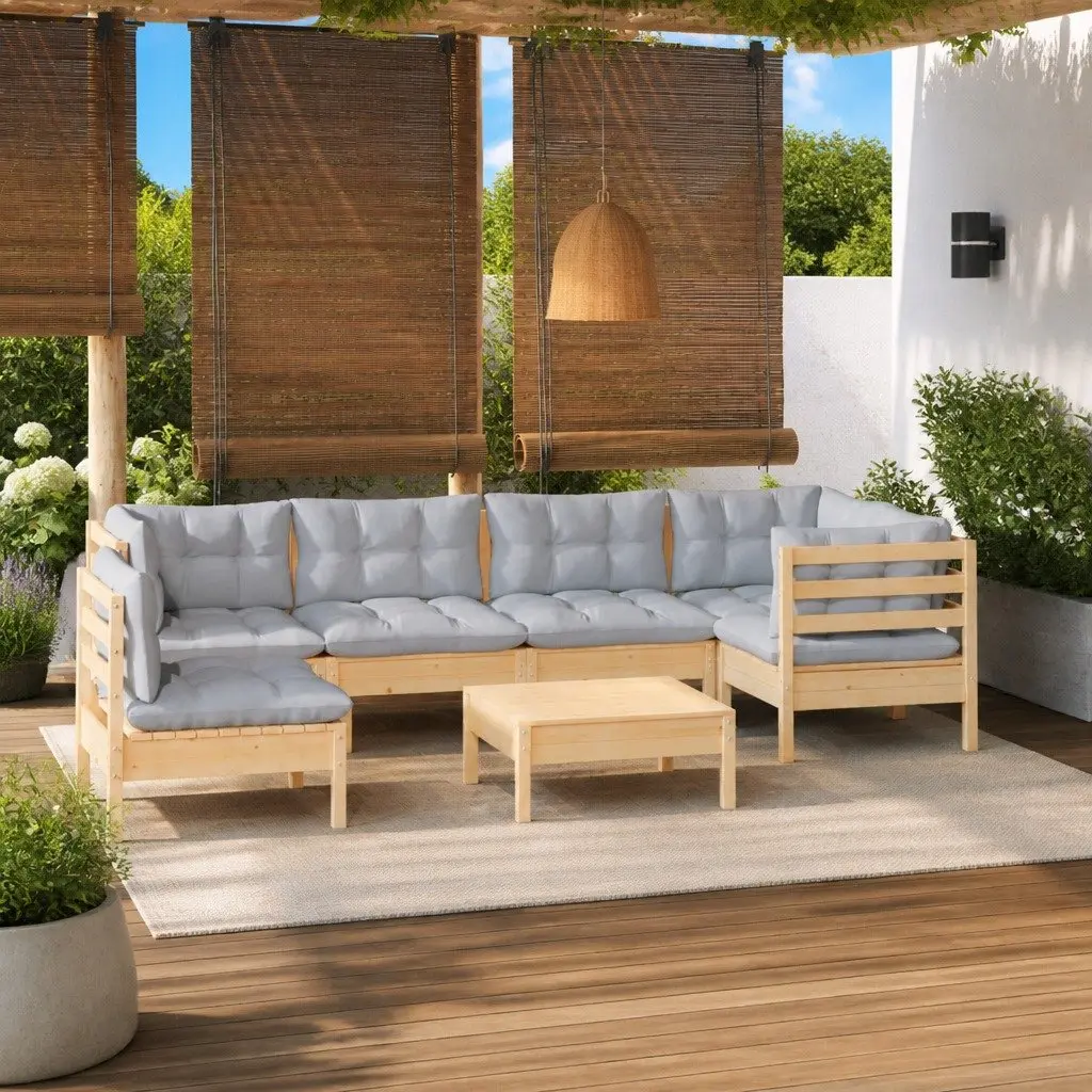 7 Piece Garden Lounge Set Outdoor Patio Furniture Pinewood Grey Cushions