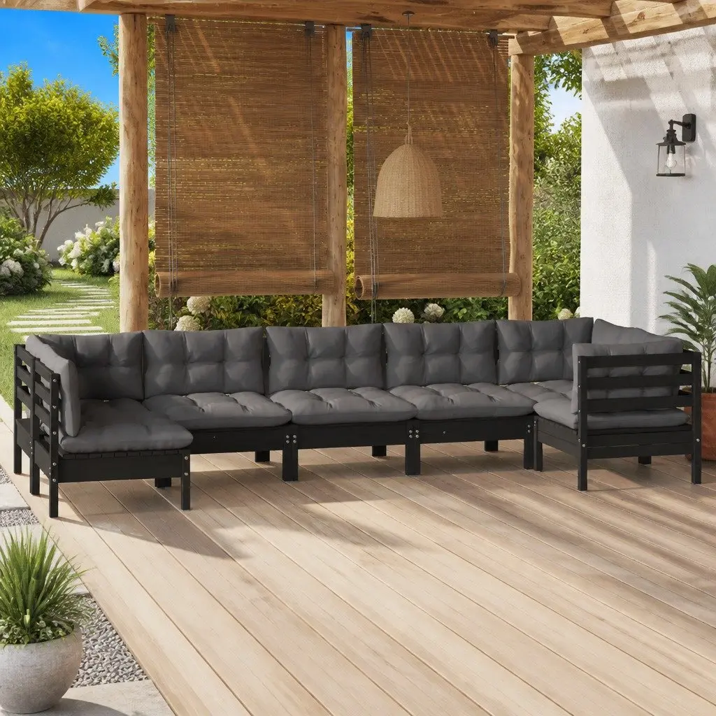 PinewoodGardenLoungeSetModularDesign7PiecesCushionsBlackOutdoorPatioFurniture