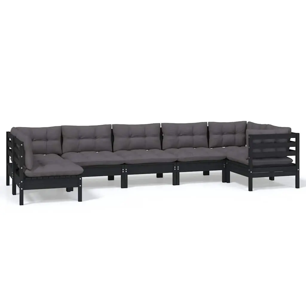 PinewoodGardenLoungeSetModularDesign7PiecesCushionsBlackOutdoorPatioFurniture