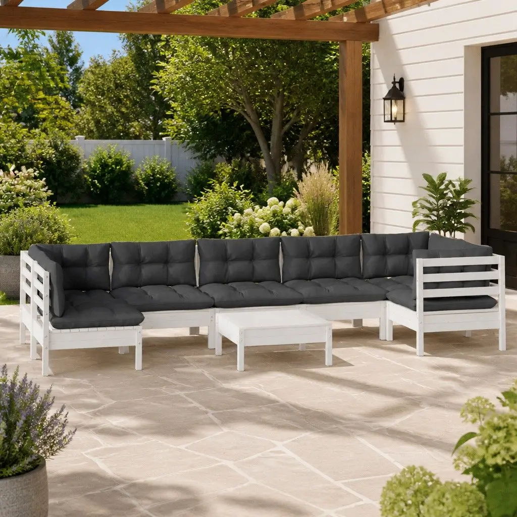 Garden Lounge Set 8 Piece Outdoor Furniture Pinewood with Cushions White