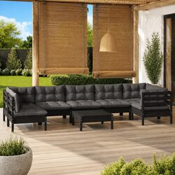 Reliable 8 Piece Black Pinewood Garden Lounge Set with Comfort