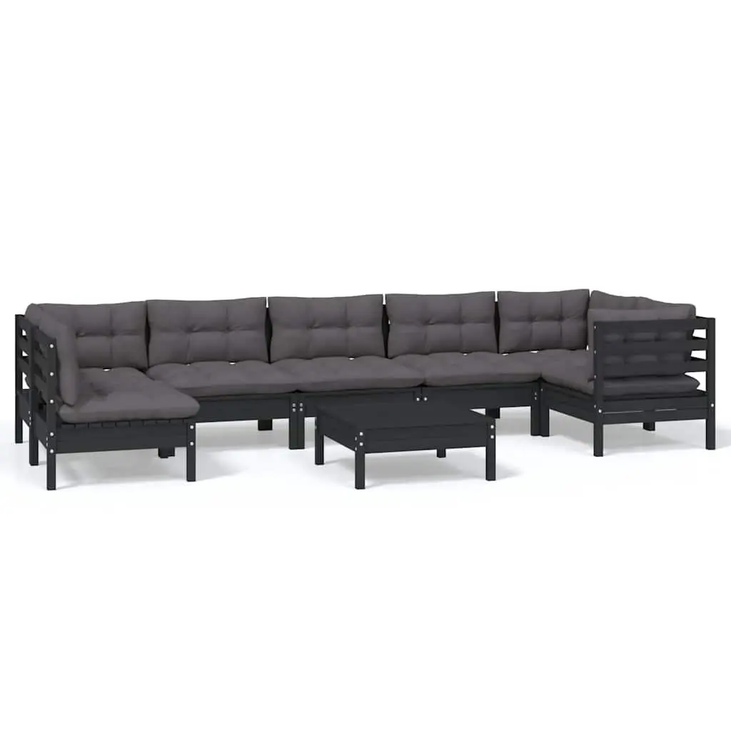 8 Piece Garden Lounge Set Black Pinewood with Cushions Outdoor Patio Furniture
