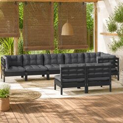 8 Piece Garden Lounge Set with Cushions Black Solid Pinewood Outdoor Patio