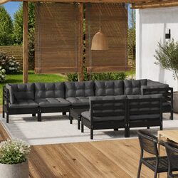 Garden Lounge Set 9 Piece Patio Furniture with Cushions Black Solid Pinewood